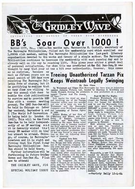 GRIDLEY WAVE #16 BURROUGHS Fanzine TARZAN'S X-MAS 1964