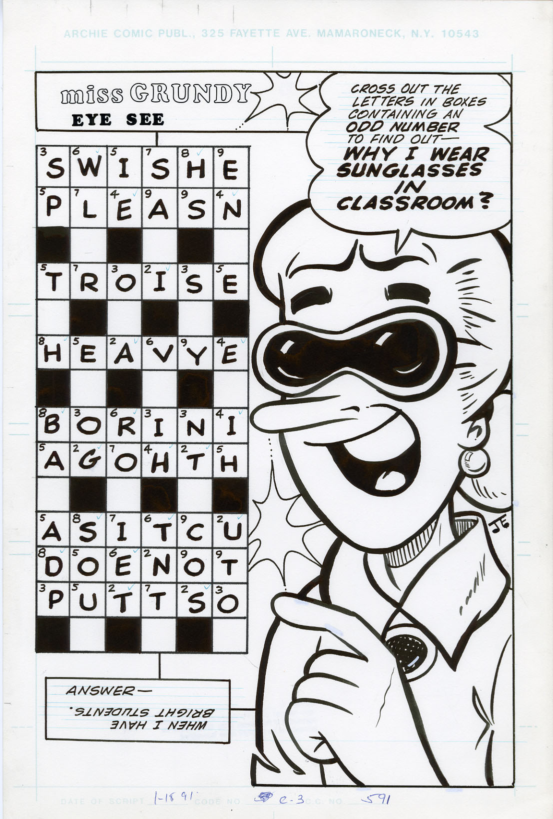 JOE EDWARDS - ARCHIE PUZZLE PAGE ORIG ART Miss GRUNDY