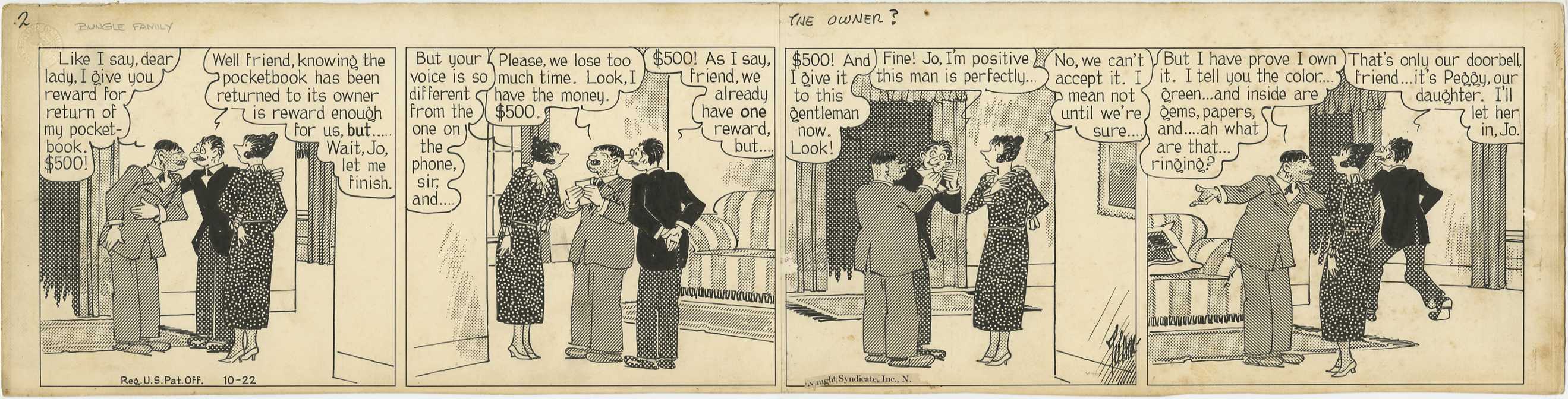 H.J. TUTHILL -BUNGLE FAMILY DAILY ORIG ART 1930s REWARD