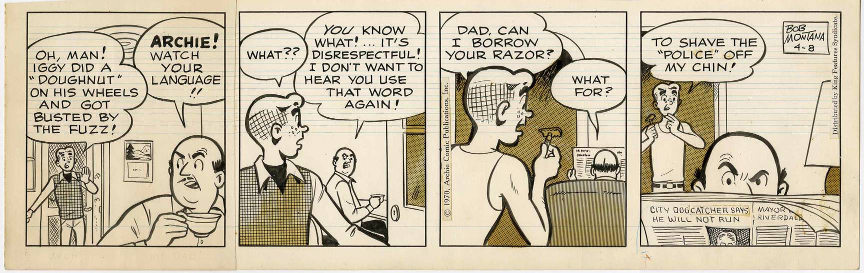 BOB MONTANA - ARCHIE DAILY STRIP ORIG ART 4-8-70 POLICE