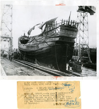 NEWS PHOTO: SANTA MARIA REPLICA LAUNCHED IN SPAIN 1929