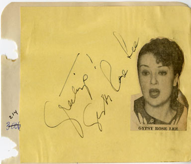 GYPSY ROSE LEE (BURLESQUE) - SIGNED AUTOGRAPH BOOK PAGE