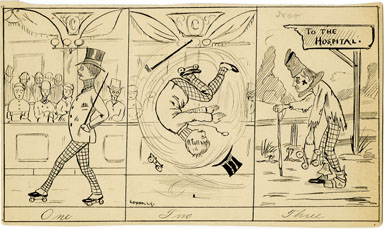 CONNOLLY - GENTLEMAN ON ROLLER SKATES CARTOON ART 1886