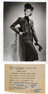 AP NEWS PHOTO: JACQUES HEIM DESIGNED COCKTAIL SUIT 1938