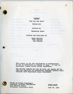 CHEERS - ORIGINAL SCRIPT Ep. 11 "ONE FOR THE BOOK" 1982