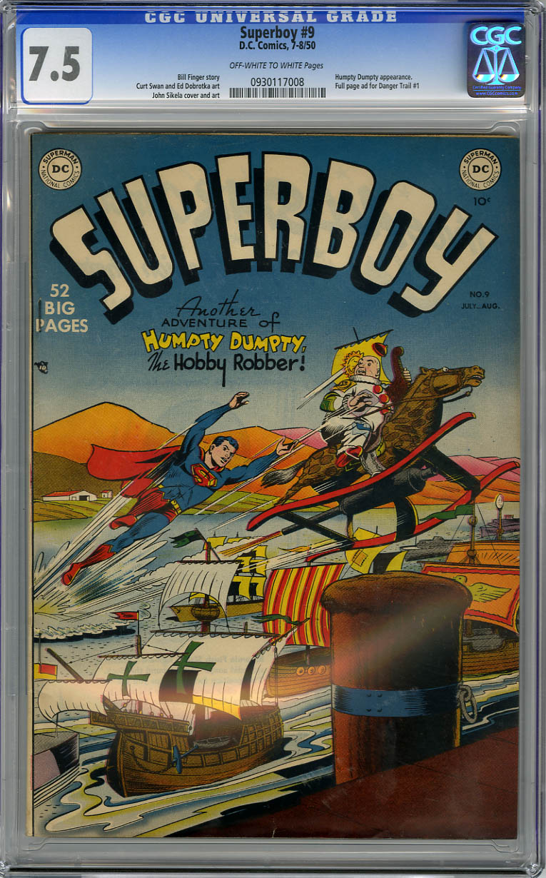 SUPERBOY #9 (1950) CGC VF- 7.5 OWW Pages HUMPTY DUMPTY