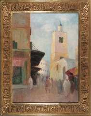MOROCCAN CITY STREET SCENE Painting w/ ORNATE FRAME