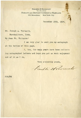 FRANKLIN D. ROOSEVELT SIGNED LETTER TO COLLECTOR (1924)