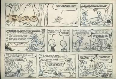SELBY KELLY - POGO SUNDAY STRIP ORIG ART 4-20-75 TAXES
