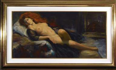 EARL MORAN - Orig NUDE OIL #184 - Reclining Red Head.