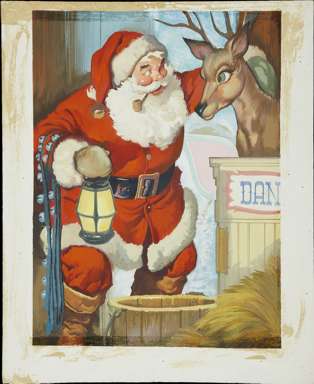 SANTA CLAUS w/ DANCER - Orig PAINTING - circa 1960s