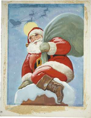 SANTA CLAUS down CHIMNEY  - Orig PAINTING - circa 1960s