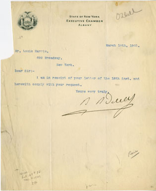 NY GOVERNOR BENJAMIN BARKER ODELL SIGNED LETTER (1901)