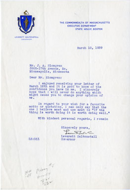 MASS. GOVERNOR LEVERETT SALTONSTALL SIGNED LETTER 1939