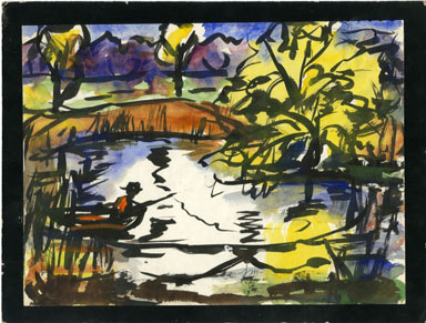 JOSEPHINE MAHAFFEY - LAKE & FISHERMAN ORIG ART WATERCLR