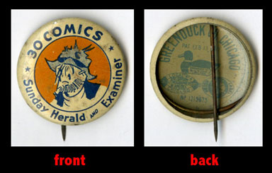 PETE THE TRAMP PINBACK BUTTON  1930s SUNDAY HERALD EXAM