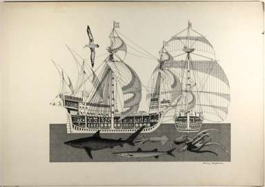 HARRY BORGMAN - GALLEY SHIP CUTAWAY W/SEA LIFE ORIG ART