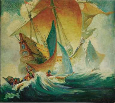 THEODORE JACKMAN - Orig PIRATE SHIP Oil on Canvas 1930s