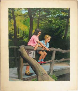 SAUL LEVINE or NETTIE KING? Orig Art CHILDREN ON BRIDGE