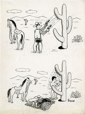 COWBOY SHOWER ONE-PANEL GAG CARTOON ORIG ART CACTUS